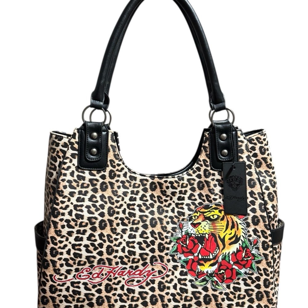 Ed Hardy Leopard and Tiger Tote with Red Accents